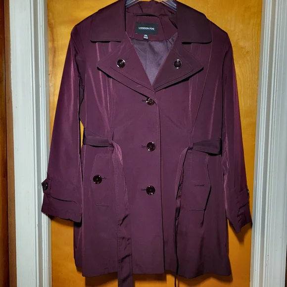 London Fog Eggplant Purple Trench Coat With Belt Tie And Removable Hood - Picture 5 of 12